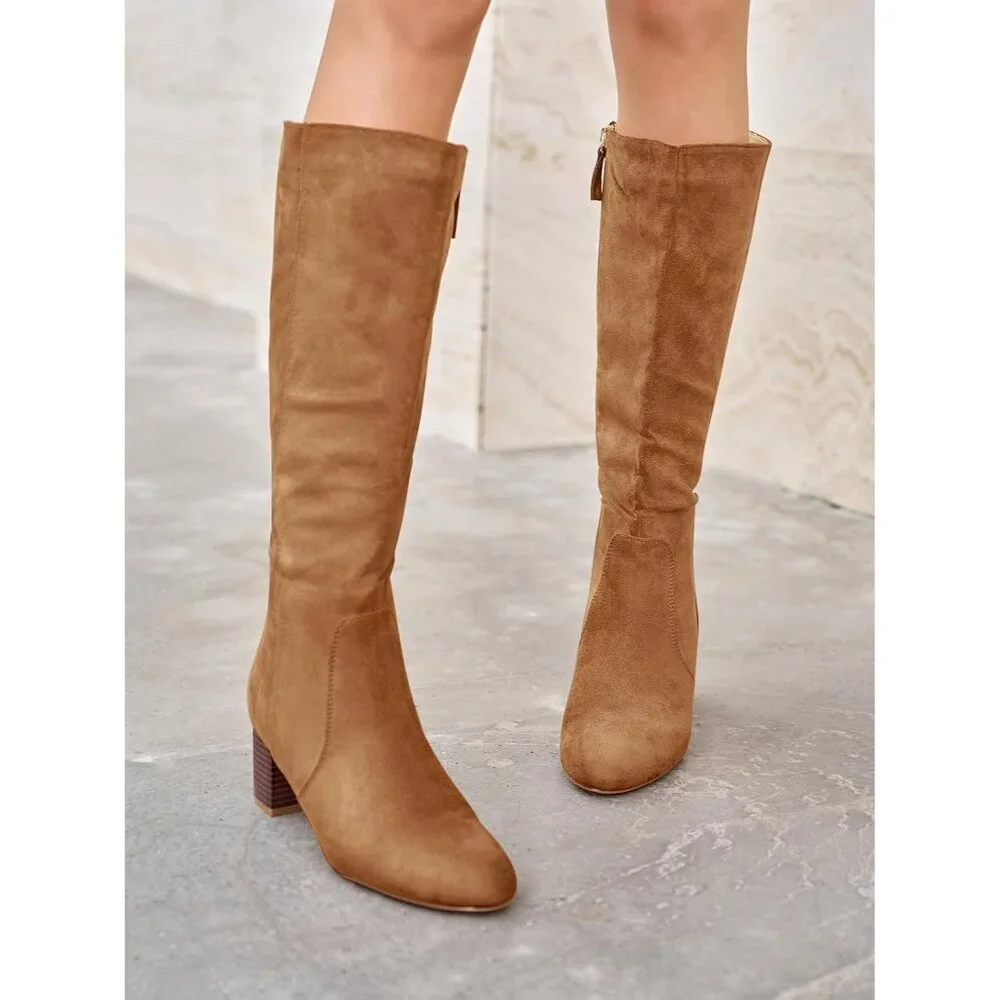 Women's Light Brown Chunky Heel Knee High Boots Suede Round Toe Fall Winter Tall - Picture 3 of 6
